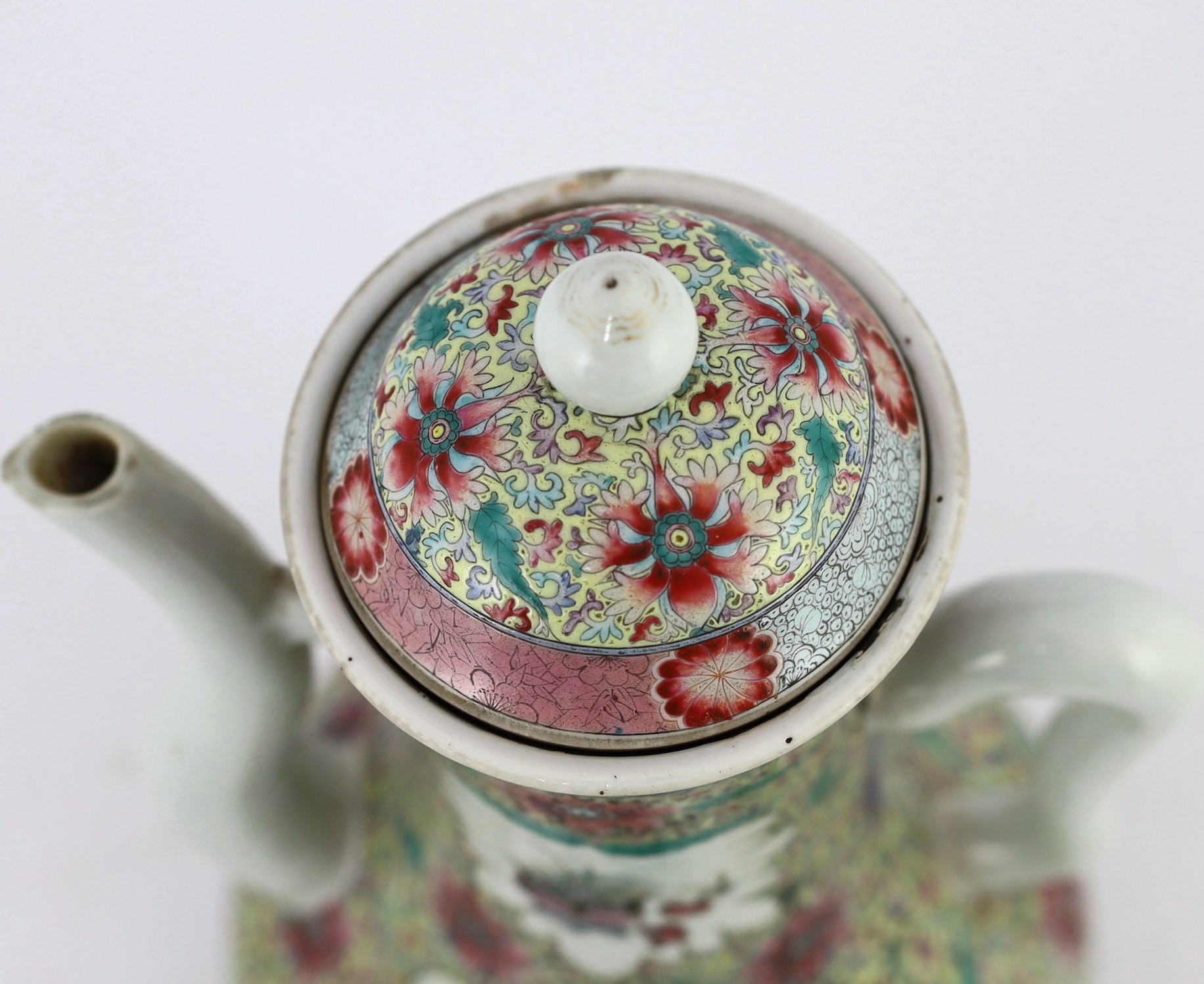 A large and rare Chinese famille rose fencai wine pot and cover, Qianlong mark but 19th century, 35.5cm high